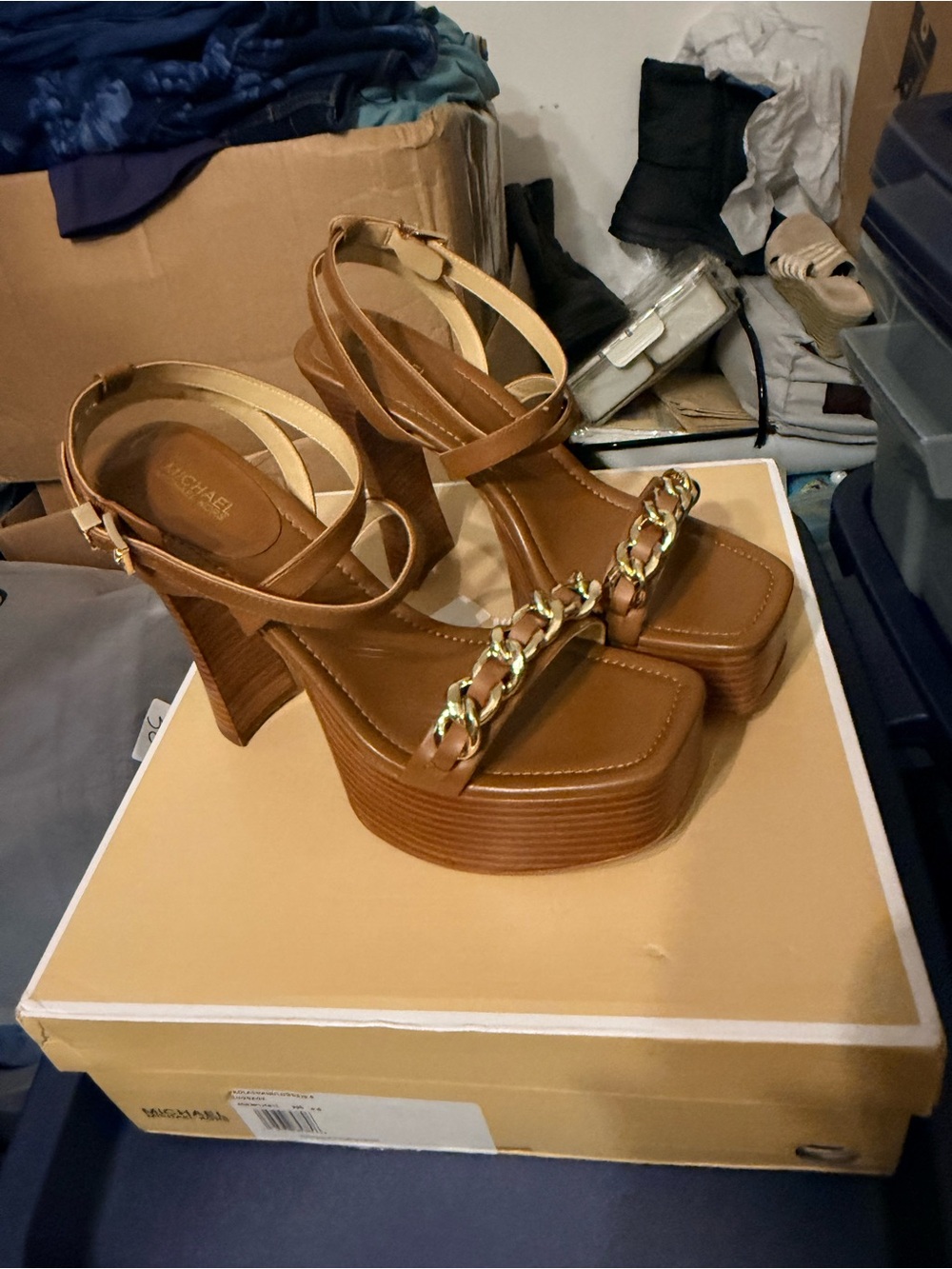 Michael Kors Brown Platform Sandal with Gold Chain